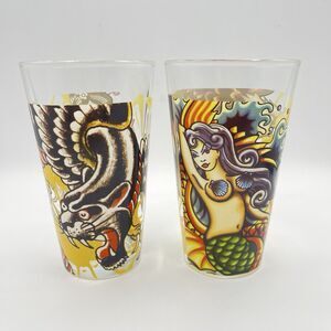 Ed Hardy by Christian Audigier Glasses Tattoo Geisha Mermaid Eagle16oz - Set 2